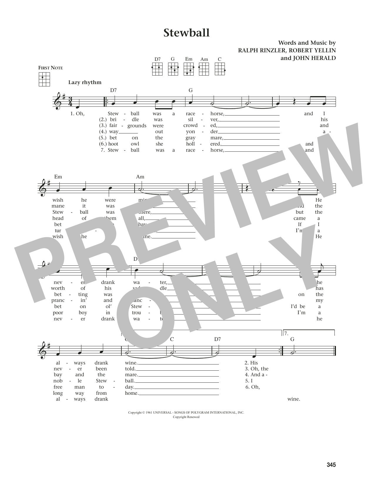 Peter, Paul & Mary Stewball (from The Daily Ukulele) (arr. Jim Beloff) sheet music, chords, lyrics - Printable PDF for Ukulele