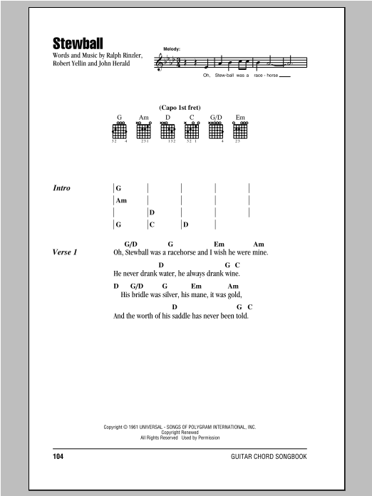 Peter, Paul & Mary Stewball sheet music, chords, lyrics - Printable PDF for Lyrics & Chords