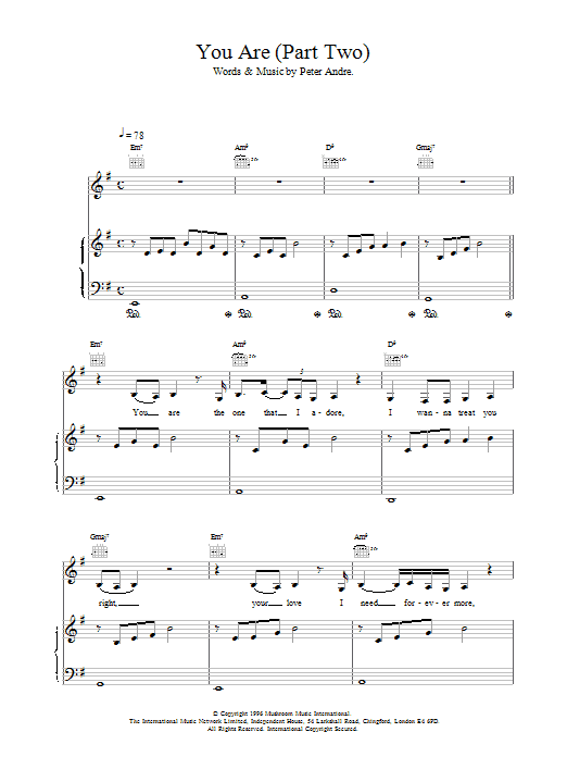 Peter Andre You Are sheet music preview music notes and score for Piano, Vocal & Guitar including 3 page(s)
