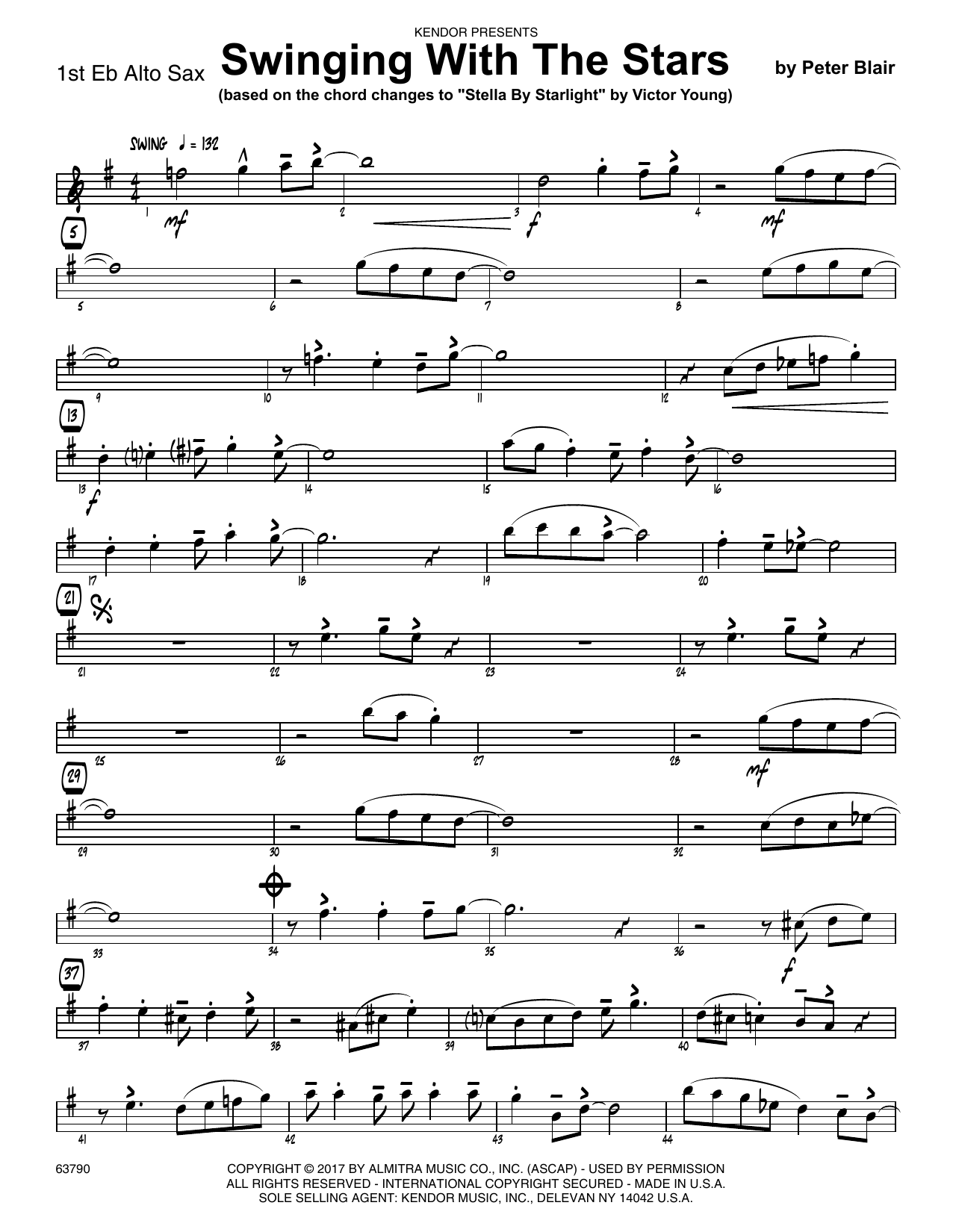 Learn to play Peter Blair Swinging With The Stars (based on Stella By Starlight by Victor Young) - 1st Eb Alto Saxophone sheet music for Jazz Ensemble in minutes. Peter Blair Swinging With The Stars (based on Stella By Starlight by Victor Young) - 1st Eb Alto Saxophone sheet music preview music notes and score for Jazz Ensemble including 2 page(s)