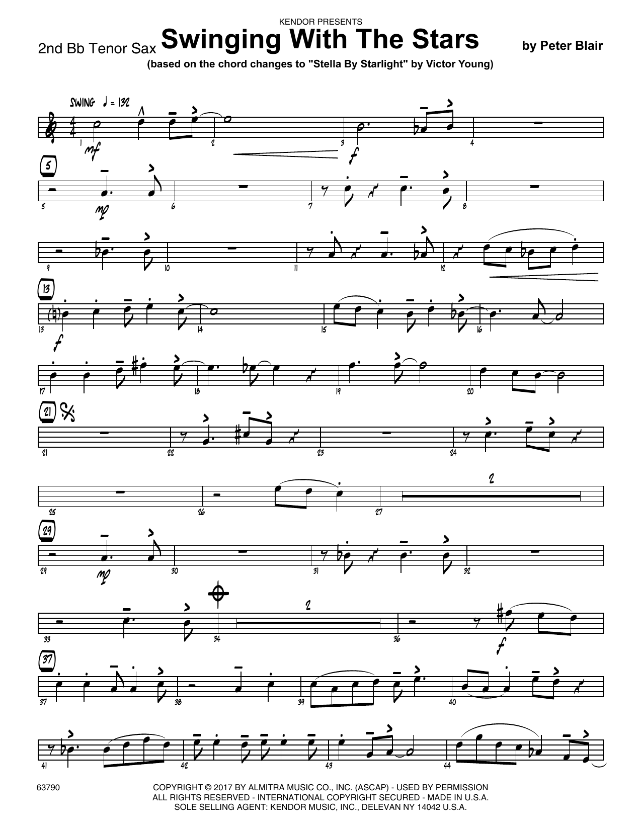 Learn to play Peter Blair Swinging With The Stars (based on Stella By Starlight by Victor Young) - 2nd Bb Tenor Saxophone sheet music for Jazz Ensemble in minutes. Peter Blair Swinging With The Stars (based on Stella By Starlight by Victor Young) - 2nd Bb Tenor Saxophone sheet music preview music notes and score for Jazz Ensemble including 2 page(s)