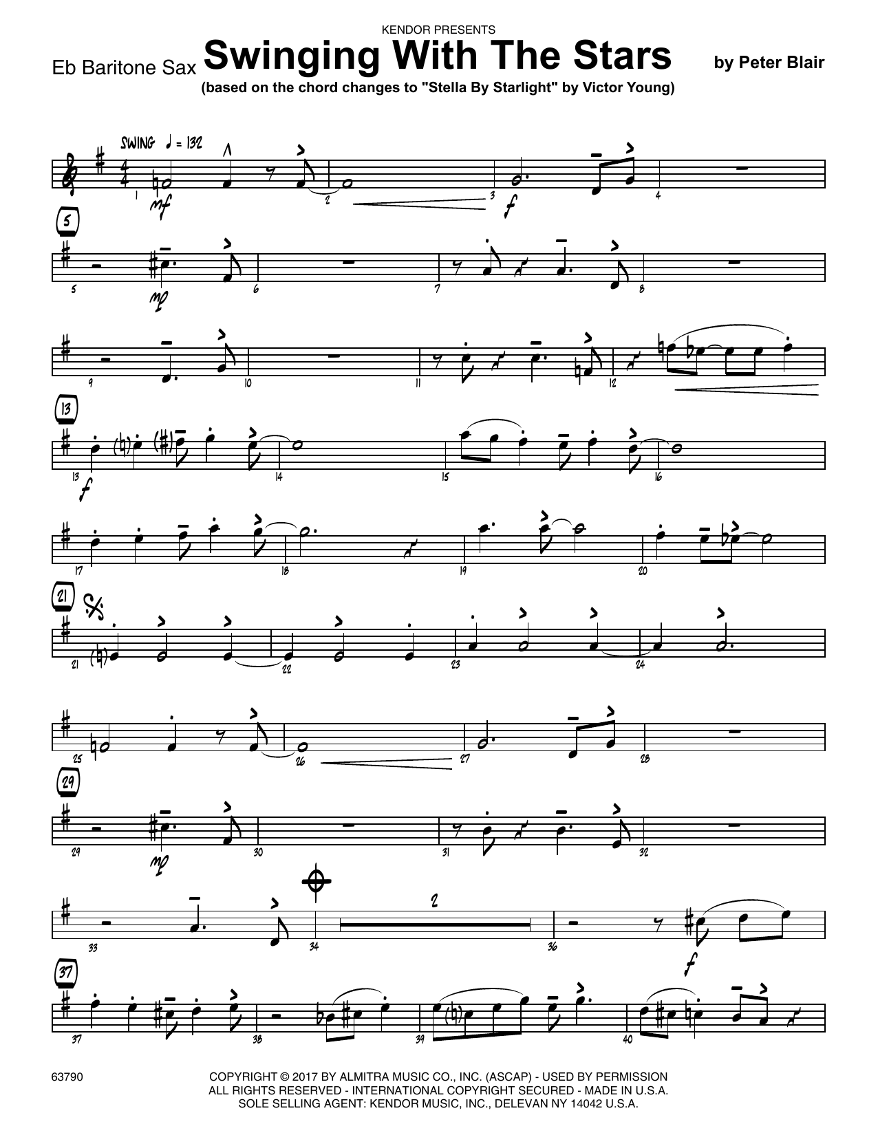 Learn to play Peter Blair Swinging With The Stars (based on Stella By Starlight by Victor Young) - Eb Baritone Saxophone sheet music for Jazz Ensemble in minutes. Peter Blair Swinging With The Stars (based on Stella By Starlight by Victor Young) - Eb Baritone Saxophone sheet music preview music notes and score for Jazz Ensemble including 2 page(s)