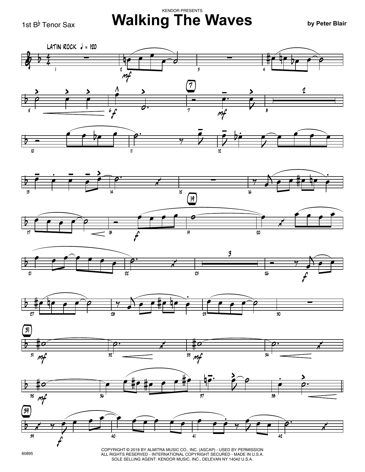 Learn to play Peter Blair Walking The Waves - 1st Tenor Saxophone sheet music for Jazz Ensemble in minutes. Peter Blair Walking The Waves - 1st Tenor Saxophone sheet music preview music notes and score for Jazz Ensemble including 2 page(s)