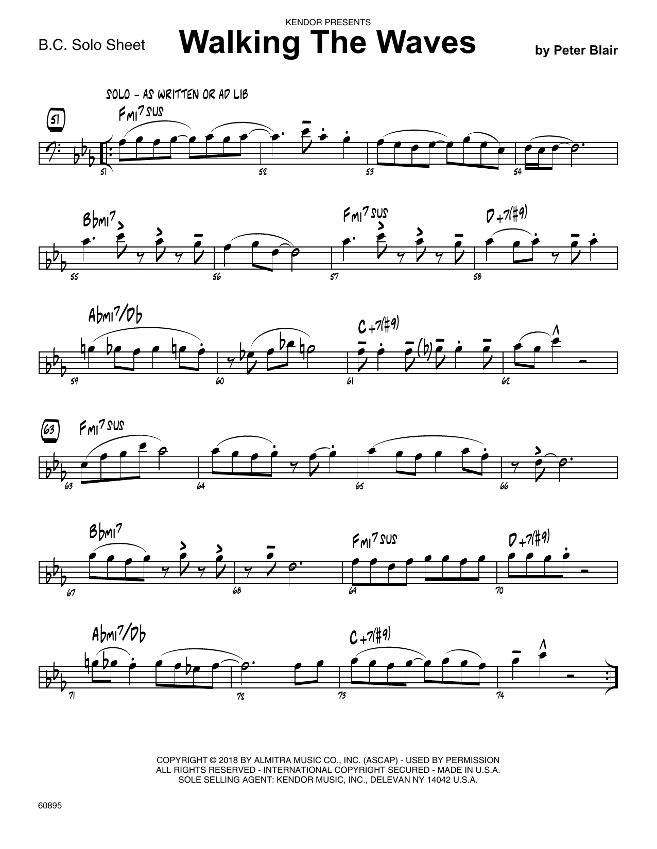 Learn to play Peter Blair Walking The Waves - Sample Solo - Bass Clef Instr. sheet music for Jazz Ensemble in minutes. Peter Blair Walking The Waves - Sample Solo - Bass Clef Instr. sheet music preview music notes and score for Jazz Ensemble including 2 page(s)
