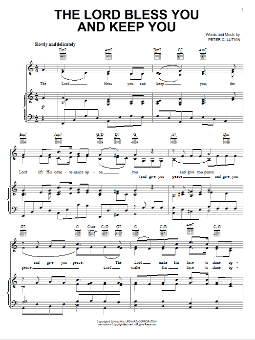 Learn to play Peter C. Lutkin Lord Bless You And Keep You sheet music for Piano, Vocal & Guitar (Right-Hand Melody) in minutes. Peter C. Lutkin Lord Bless You And Keep You sheet music preview music notes and score for Piano, Vocal & Guitar (Right-Hand Melody) including 2 page(s)