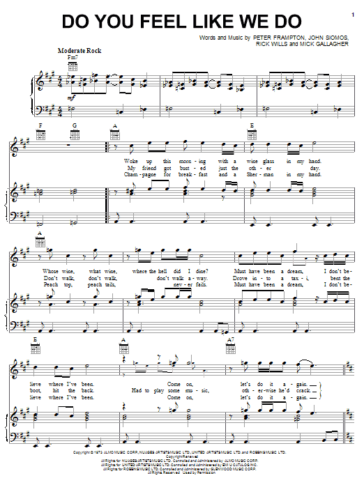Peter Frampton Do You Feel Like We Do sheet music preview music notes and score for Lyrics & Chords including 2 page(s)
