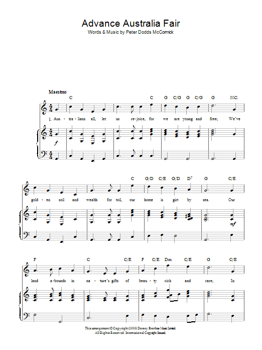 Learn to play Peter McCormick Advance Australia Fair (Australian National Anthem) sheet music for Melody Line, Lyrics & Chords in minutes. Peter McCormick Advance Australia Fair (Australian National Anthem) sheet music preview music notes and score for Melody Line, Lyrics & Chords including 2 page(s)