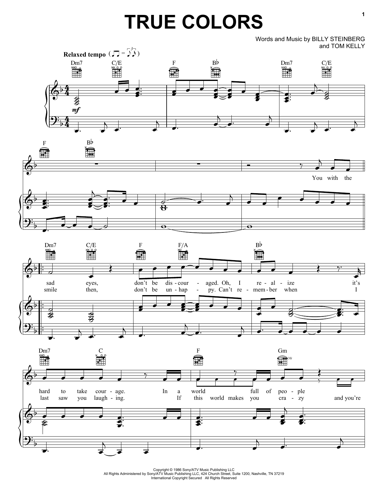 Download Cyndi Lauper True Colors sheet music notes and chords for Piano, Vocal & Guitar (Right-Hand Melody) - Download Printable PDF and start playing in minutes.