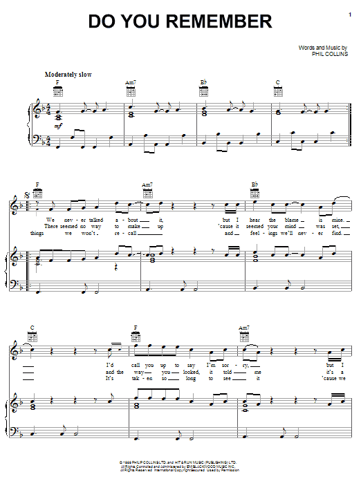 Learn to play Phil Collins Do You Remember sheet music for Piano, Vocal & Guitar (Right-Hand Melody) in minutes. Phil Collins Do You Remember sheet music preview music notes and score for Piano, Vocal & Guitar (Right-Hand Melody) including 5 page(s)