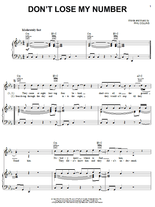 Learn to play Phil Collins Don't Lose My Number sheet music for Piano, Vocal & Guitar (Right-Hand Melody) in minutes. Phil Collins Don't Lose My Number sheet music preview music notes and score for Piano, Vocal & Guitar (Right-Hand Melody) including 6 page(s)