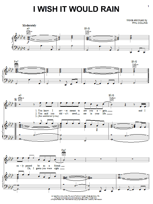 Learn to play Phil Collins I Wish It Would Rain Down sheet music for Piano, Vocal & Guitar (Right-Hand Melody) in minutes. Phil Collins I Wish It Would Rain Down sheet music preview music notes and score for Piano, Vocal & Guitar (Right-Hand Melody) including 5 page(s)