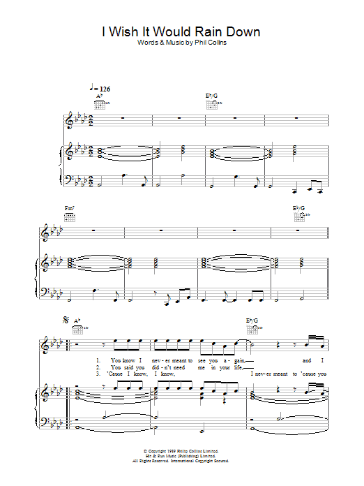 Phil Collins I Wish It Would Rain Down sheet music preview music notes and score for Piano, Vocal & Guitar (Right-Hand Melody) including 5 page(s)