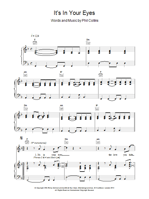 Phil Collins It's In Your Eyes sheet music preview music notes and score for Piano, Vocal & Guitar (Right-Hand Melody) including 4 page(s)
