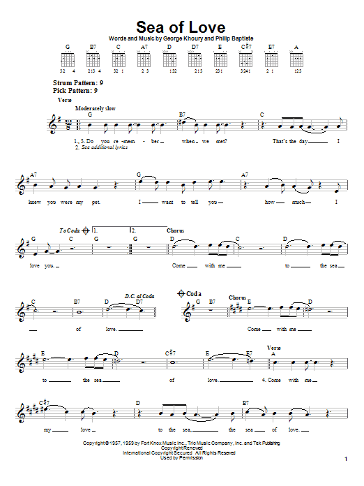 Phil Phillips Sea Of Love sheet music preview music notes and score for Piano, Vocal & Guitar (Right-Hand Melody) including 4 page(s)