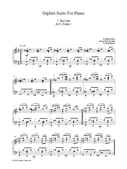 Philip Glass Orphée Suite For Piano, I. The Café, Act I, Scene 1 sheet music, chords, lyrics - Printable PDF for Piano