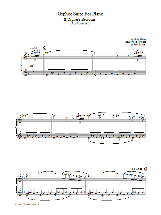 Philip Glass Orphée Suite For Piano, II. Orphée's Bedroom, Act I, Scene 5 sheet music, chords, lyrics - Printable PDF for Piano