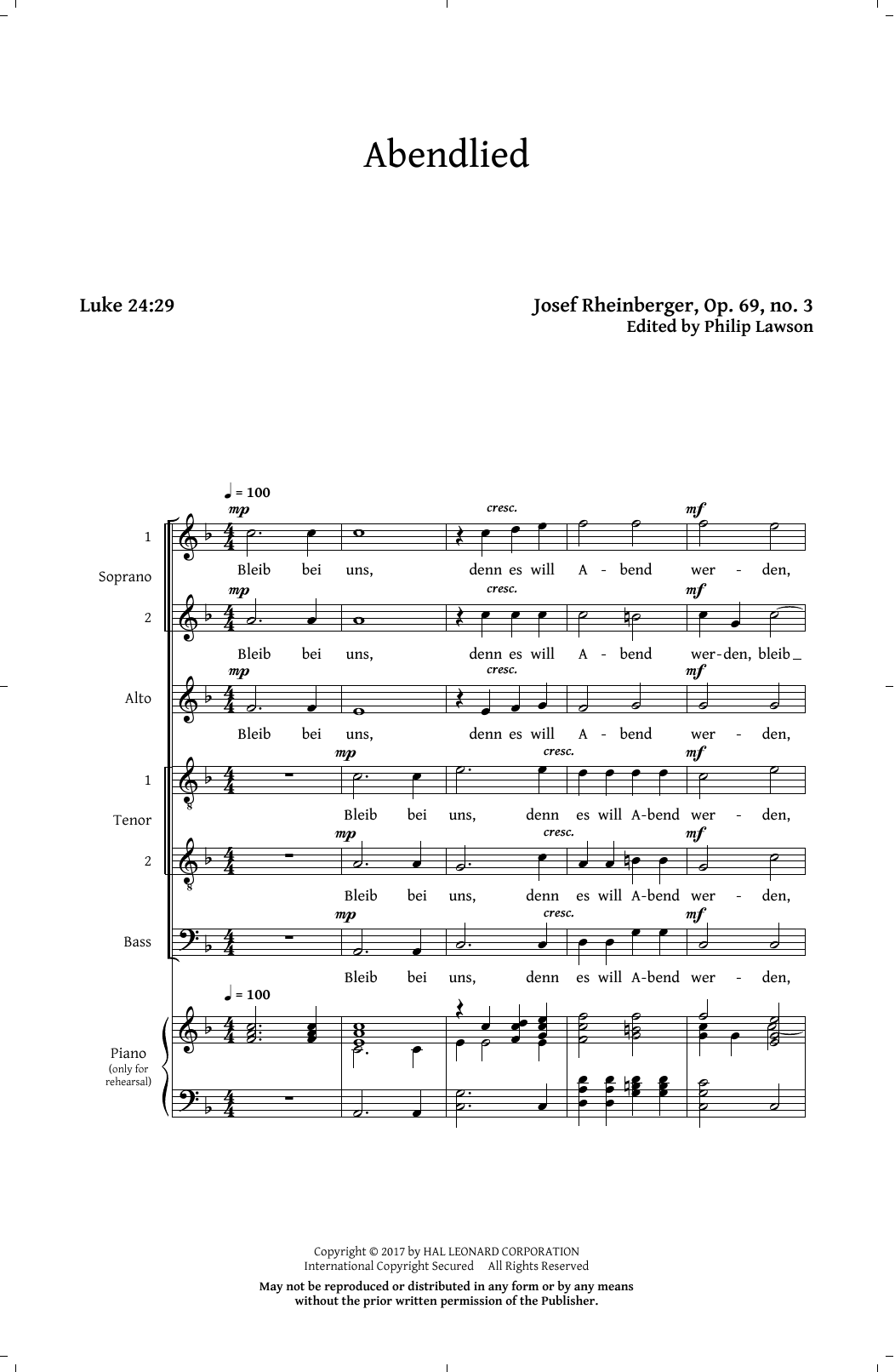Philip Lawson Abendlied, Op. 69, No. 3 sheet music, chords, lyrics - Printable PDF for Choral SSAATTBB