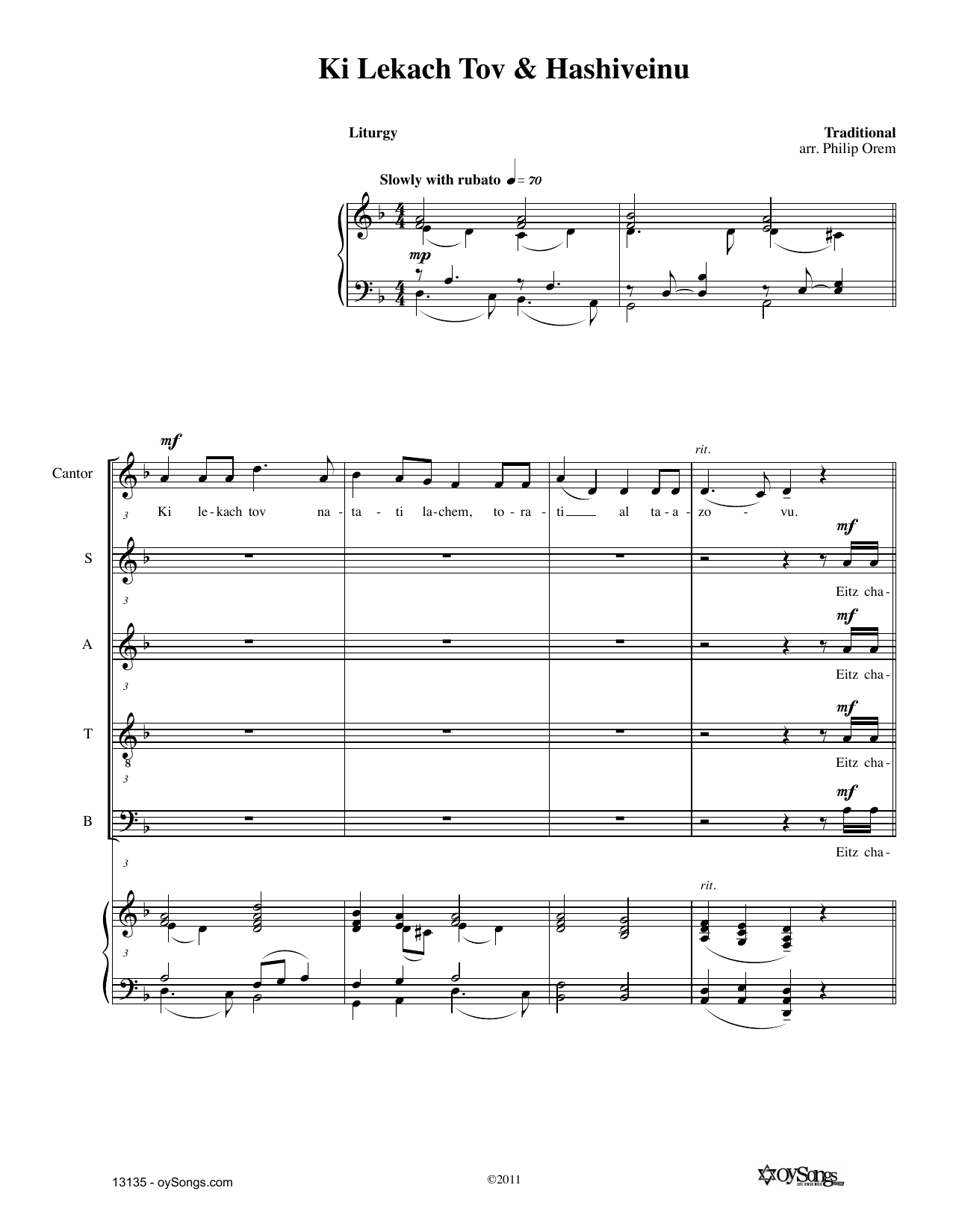 Philip Orem Ki Lekach Tov, Eitz Chayim Hi, Hashivenu sheet music, chords, lyrics - Printable PDF for SATB Choir