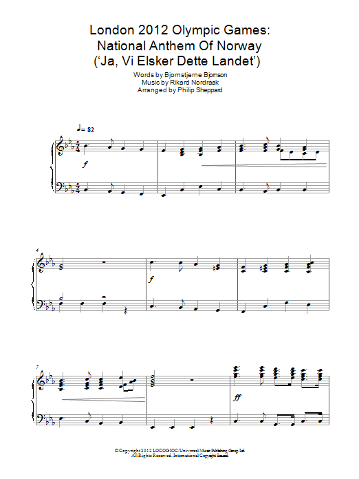 Philip Sheppard London 2012 Olympic Games: National Anthem Of Norway ('Ja, Vi Elsker Dette Landet') sheet music, chords, lyrics - Printable PDF for Piano