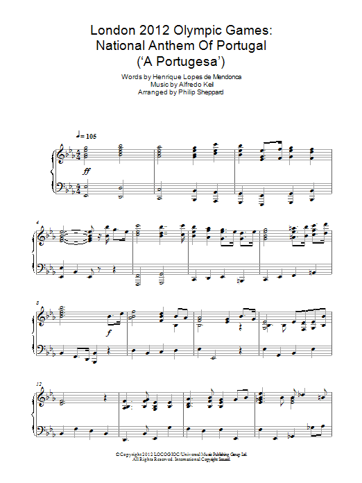 Philip Sheppard London 2012 Olympic Games: National Anthem Of Portugal ('A Portugesa') sheet music, chords, lyrics - Printable PDF for Piano