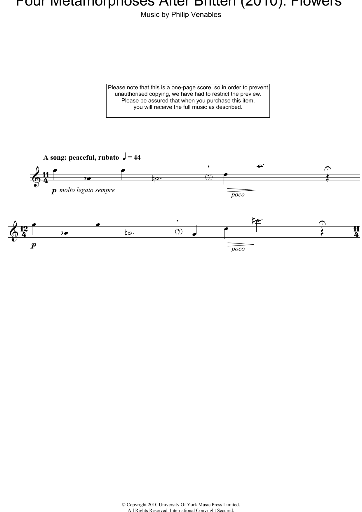 Philip Venables Four Metamorphoses After Britten (2010): Flowers sheet music, chords, lyrics - Printable PDF for Oboe
