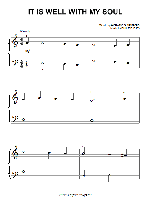 Learn to play Philip Bliss It Is Well With My Soul sheet music for Piano Duet in minutes. Philip Bliss It Is Well With My Soul sheet music preview music notes and score for Piano Duet including 7 page(s)