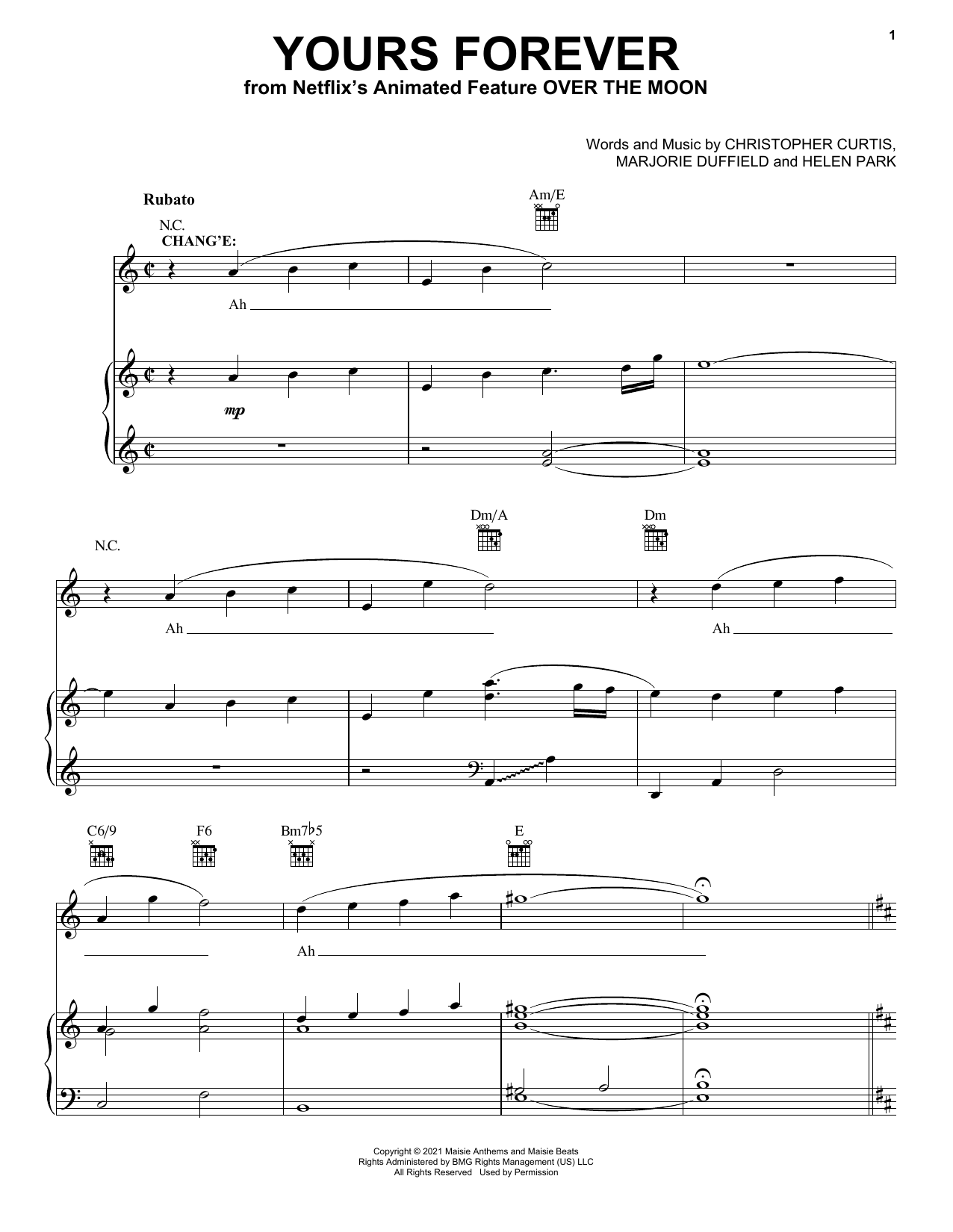 Phillipa Soo and Conrad Ricamora Yours Forever (from Over The Moon) sheet music preview music notes and score for Piano, Vocal & Guitar Chords (Right-Hand Melody) including 3 page(s)