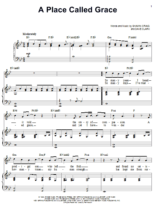 Phillips, Craig & Dean A Place Called Grace sheet music, chords, lyrics - Printable PDF for Piano, Vocal & Guitar (Right-Hand Melody)