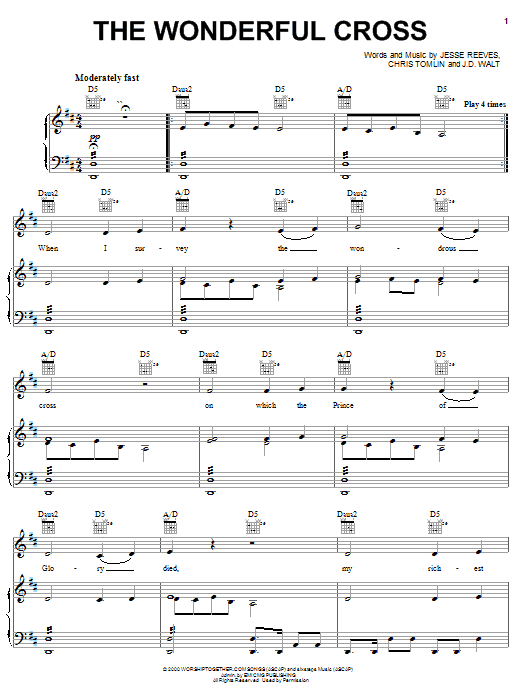 Phillips, Craig & Dean The Wonderful Cross sheet music, chords, lyrics - Printable PDF for Piano, Vocal & Guitar (Right-Hand Melody)