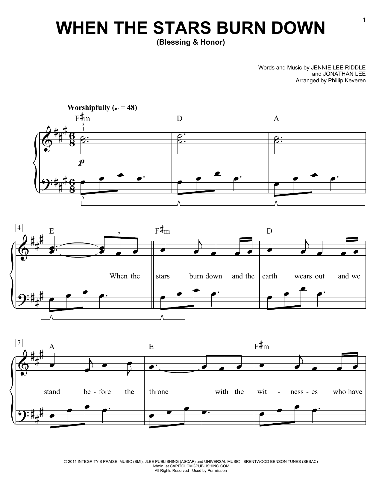 Phillip Keveren When The Stars Burn Down (Blessing & Honor) sheet music, chords, lyrics - Printable PDF for Easy Piano