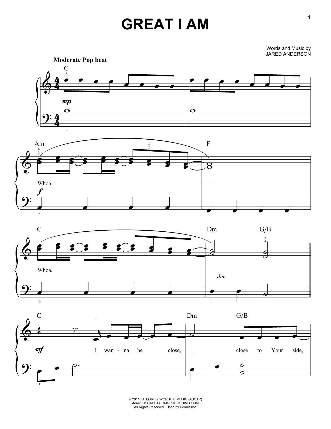 Phillips, Craig, & Dean Great I Am sheet music, chords, lyrics - Printable PDF for Easy Piano
