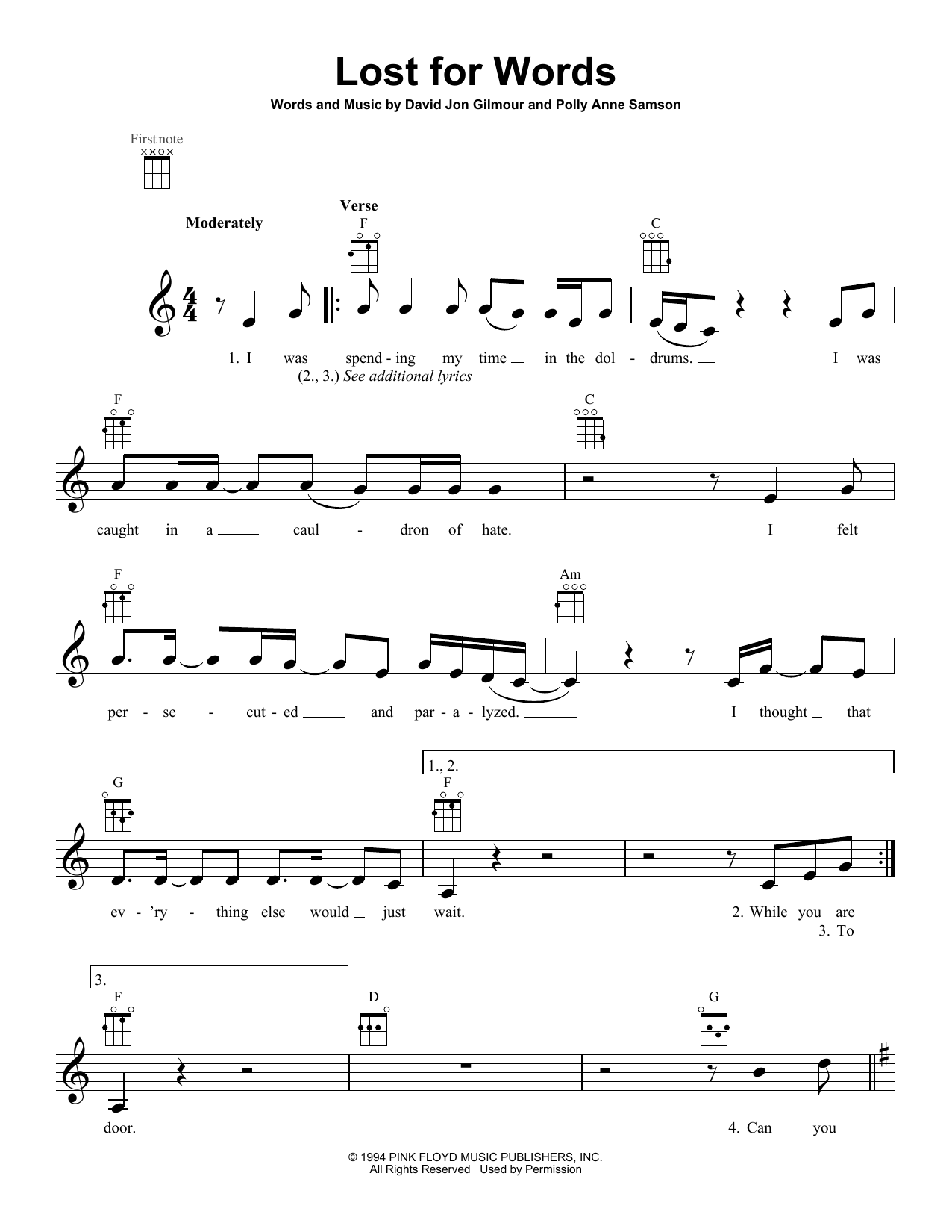Pink Floyd Lost For Words sheet music, chords, lyrics - Printable PDF for Ukulele