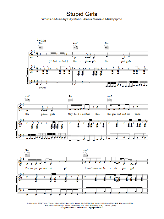 Pink Stupid Girls sheet music preview music notes and score for Piano, Vocal & Guitar including 6 page(s)