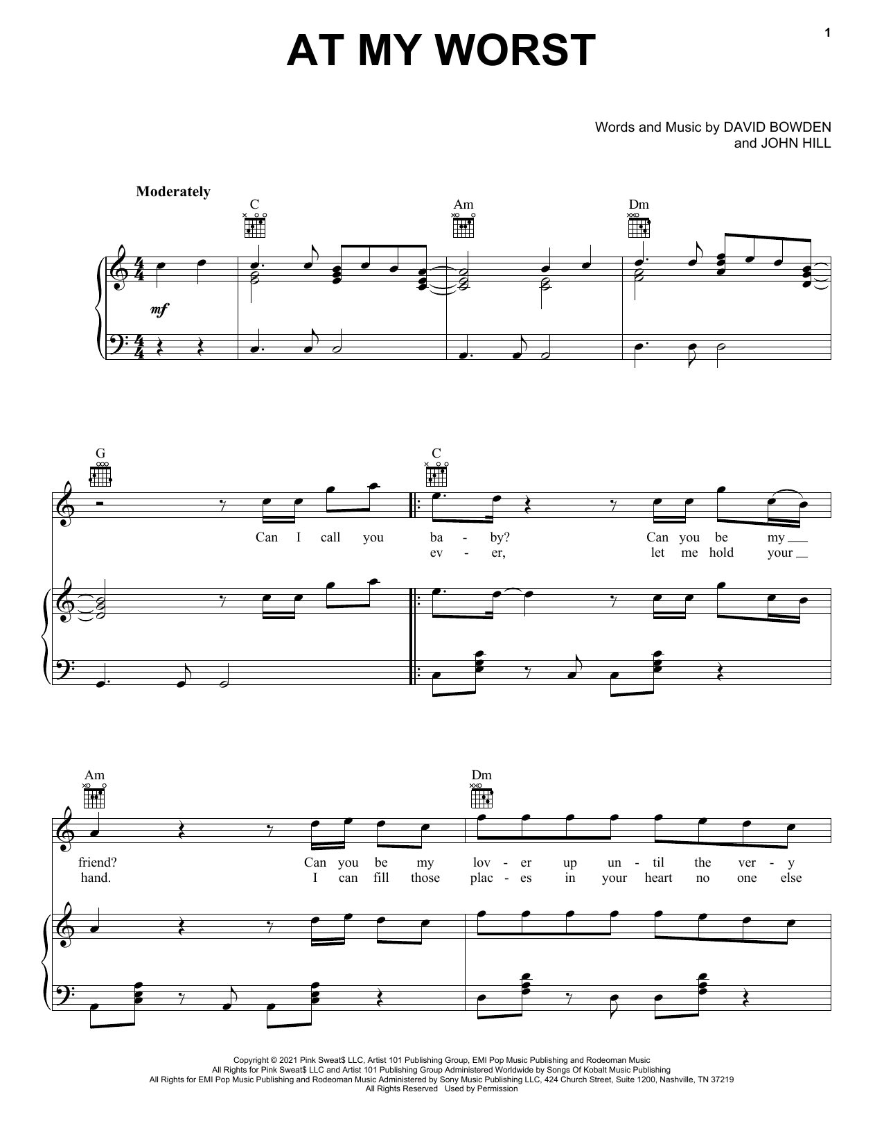Pink Sweat$ At My Worst sheet music, chords, lyrics - Printable PDF for Piano, Vocal & Guitar (Right-Hand Melody)