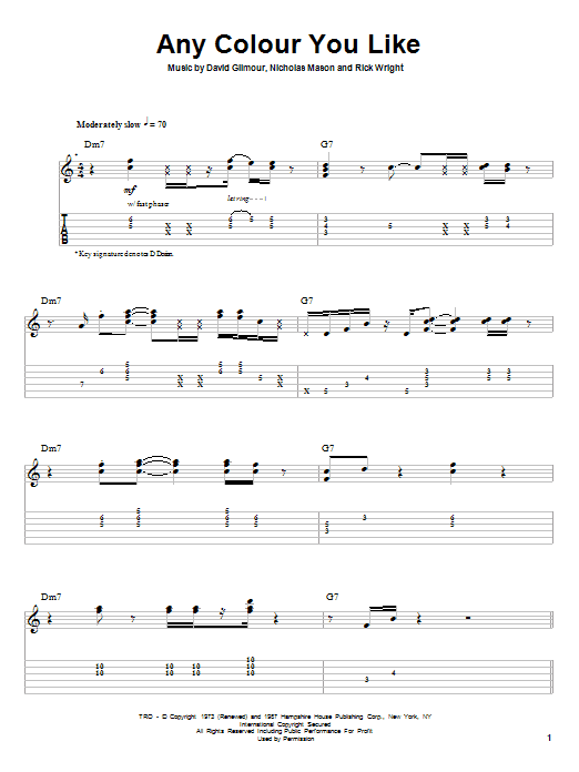 Learn to play Pink Floyd Any Colour You Like sheet music for Guitar Tab in minutes. Pink Floyd Any Colour You Like sheet music preview music notes and score for Guitar Tab including 5 page(s)