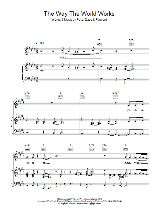 Pixie Lott The Way The World Works sheet music, chords, lyrics - Printable PDF for Piano, Vocal & Guitar (Right-Hand Melody)