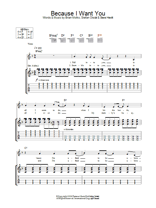 Placebo Because I Want You sheet music preview music notes and score for Guitar Tab including 10 page(s)