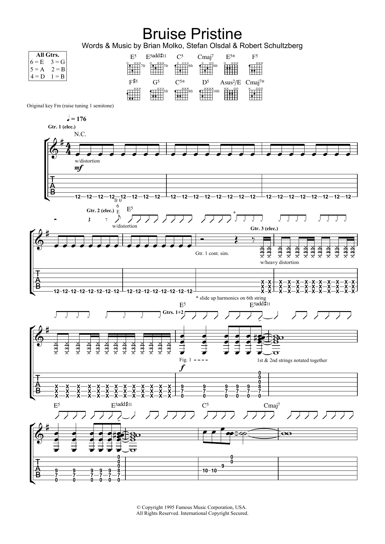 Placebo Bruise Pristine sheet music preview music notes and score for Guitar Tab including 5 page(s)