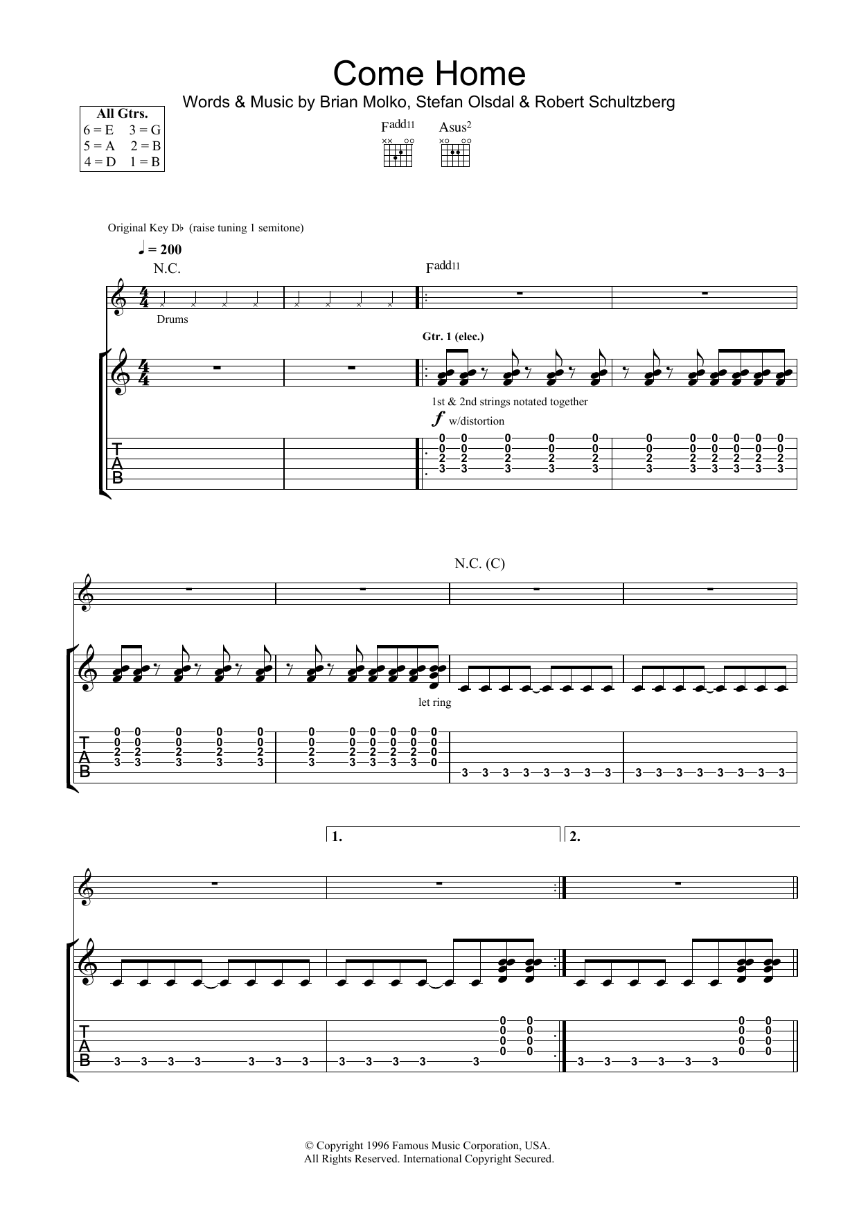 Placebo Come Home sheet music preview music notes and score for Guitar Tab including 6 page(s)