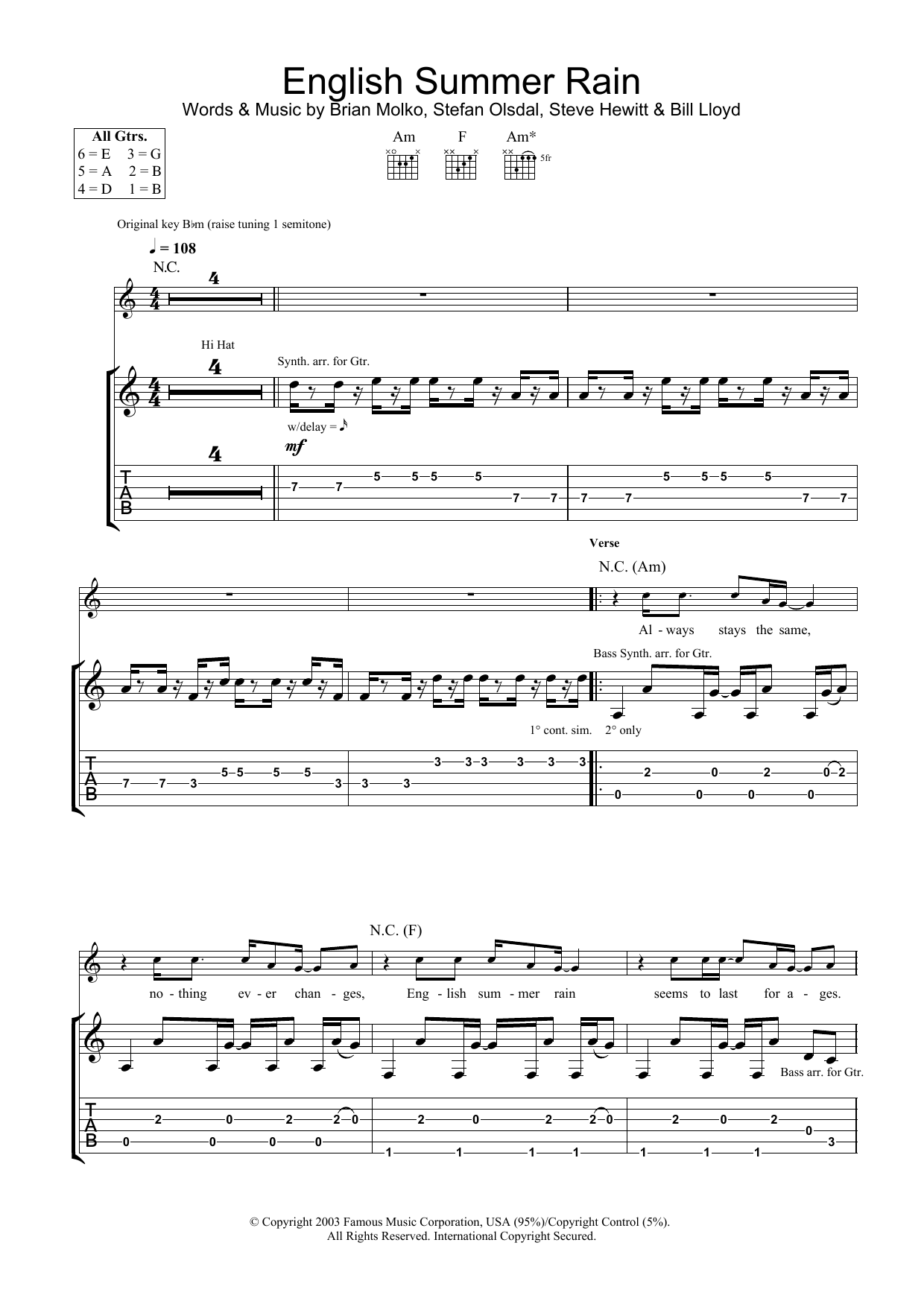 Placebo English Summer Rain sheet music preview music notes and score for Guitar Tab including 7 page(s)