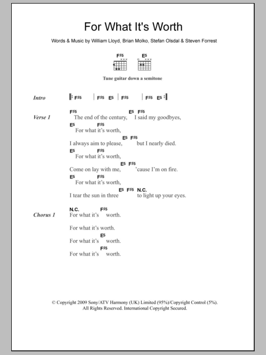 Placebo For What It's Worth sheet music, chords, lyrics - Printable PDF for Lyrics & Chords