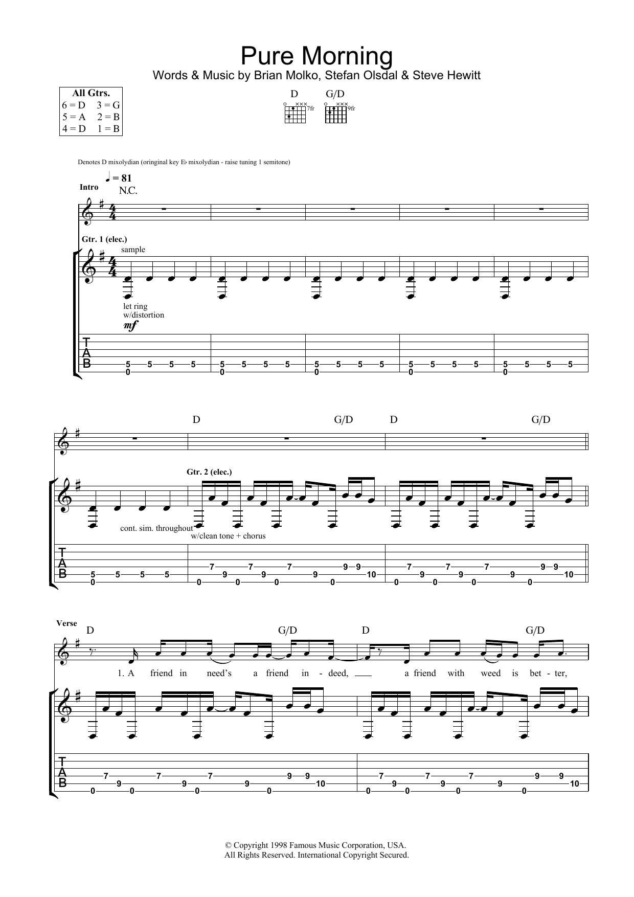 Placebo Pure Morning sheet music preview music notes and score for Guitar Tab including 7 page(s)