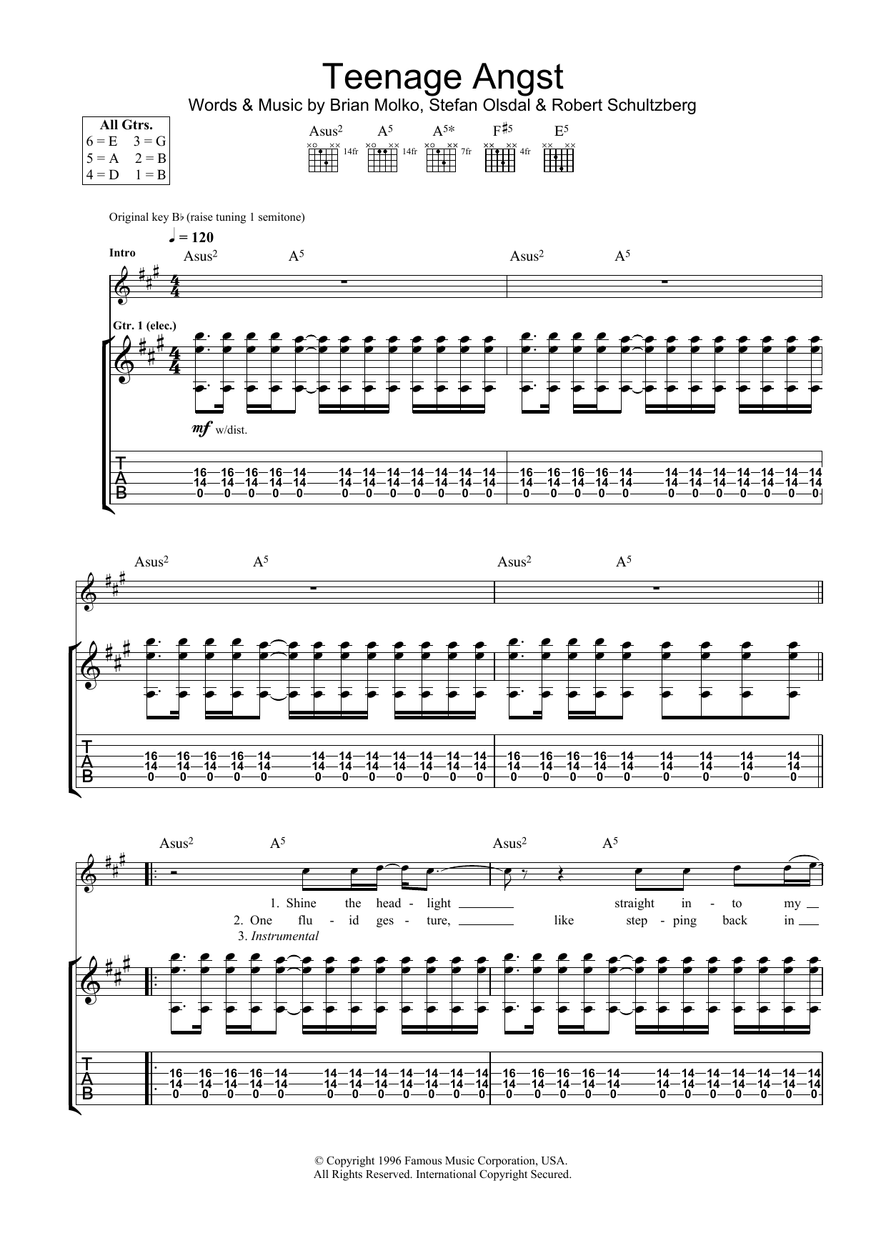 Placebo Teenage Angst sheet music preview music notes and score for Guitar Tab including 4 page(s)