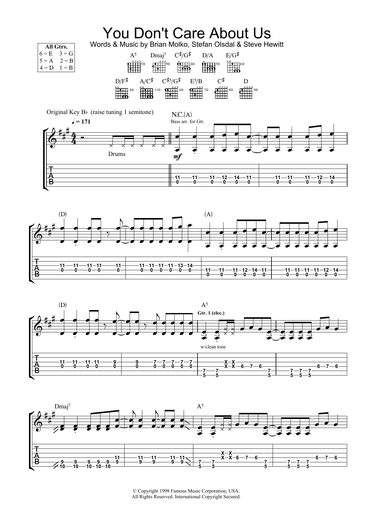 Placebo You Don't Care About Us sheet music preview music notes and score for Guitar Tab including 6 page(s)