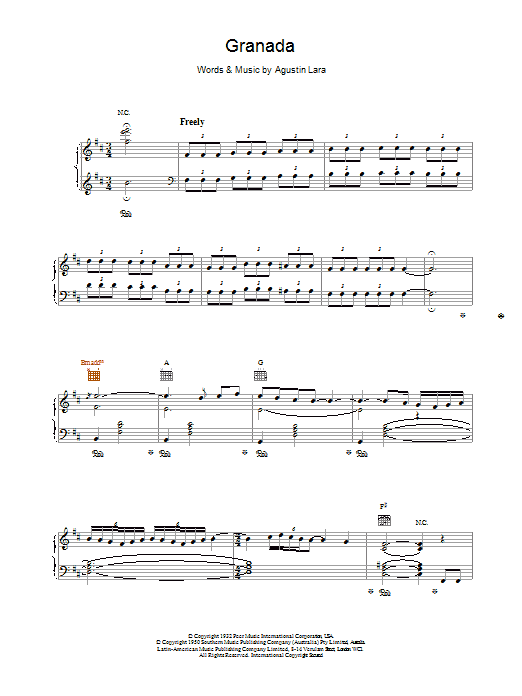 Learn to play Placido Domingo Granada sheet music for Piano, Vocal & Guitar in minutes. Placido Domingo Granada sheet music preview music notes and score for Piano, Vocal & Guitar including 7 page(s)