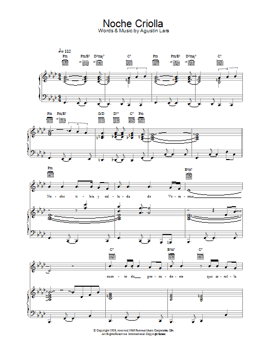 Learn to play Placido Domingo Noche Criolla sheet music for Piano, Vocal & Guitar in minutes. Placido Domingo Noche Criolla sheet music preview music notes and score for Piano, Vocal & Guitar including 6 page(s)