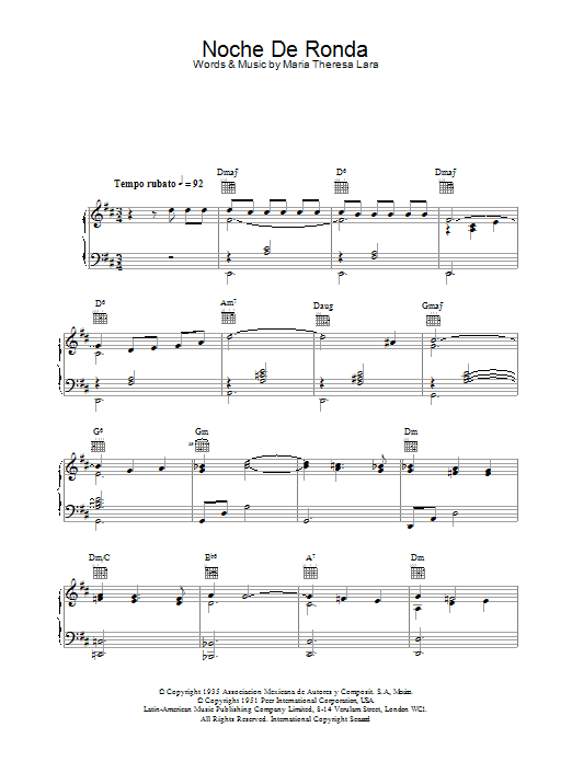Learn to play Placido Domingo Noche De Ronda sheet music for Piano, Vocal & Guitar in minutes. Placido Domingo Noche De Ronda sheet music preview music notes and score for Piano, Vocal & Guitar including 7 page(s)