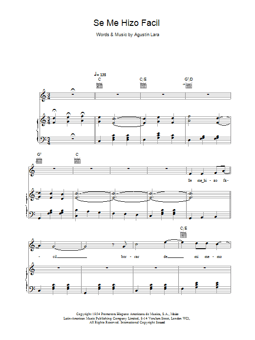 Learn to play Placido Domingo Se Me Hizo Facil sheet music for Piano, Vocal & Guitar in minutes. Placido Domingo Se Me Hizo Facil sheet music preview music notes and score for Piano, Vocal & Guitar including 6 page(s)