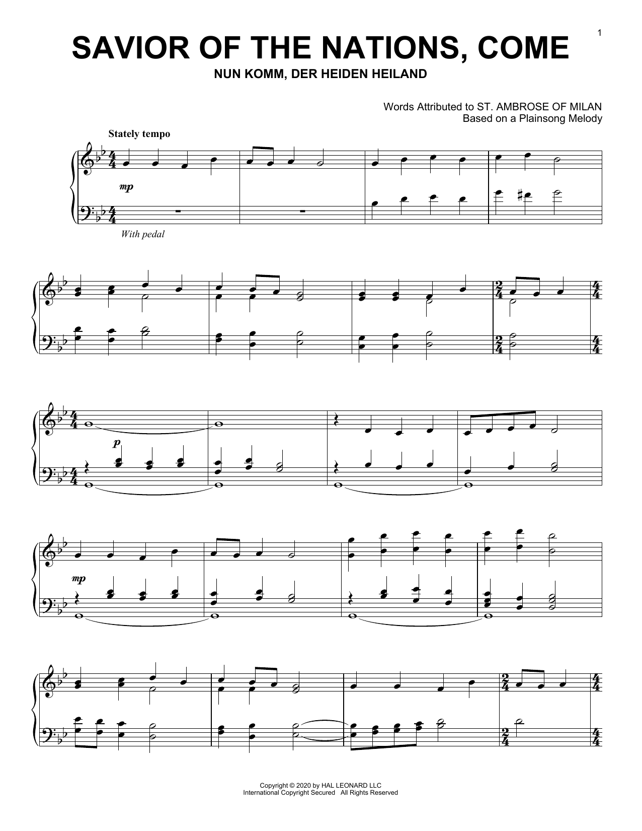 Plainsong Melody Savior Of The Nations, Come sheet music, chords, lyrics - Printable PDF for Piano Solo