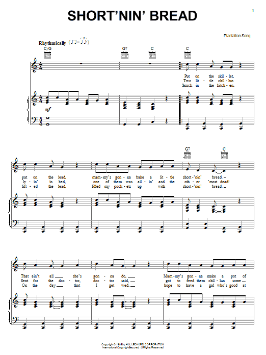 Plantation Song Short'nin' Bread sheet music preview music notes and score for Piano, Vocal & Guitar (Right-Hand Melody) including 2 page(s)